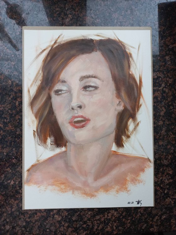 The flirt. Woman oil portrait. Etude style. 38 x 27 cm/ 15 x 10.6 in
