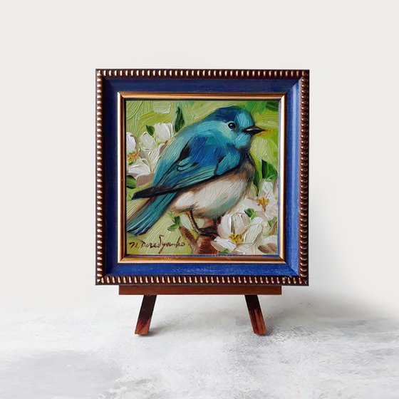 Blue bird miniature oil painting original 4x4 framed art, Bluebird wall wildlife art, Gift for sister for Easter