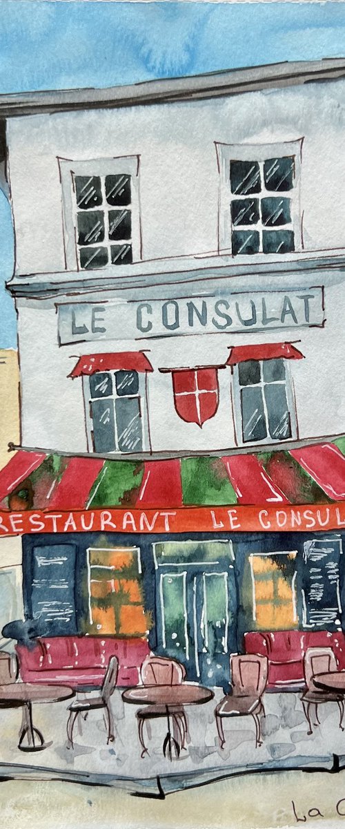 Watercolor sketch, cafe in Paris on Montmartre. Original artwork. by Evgeniya Mokeeva