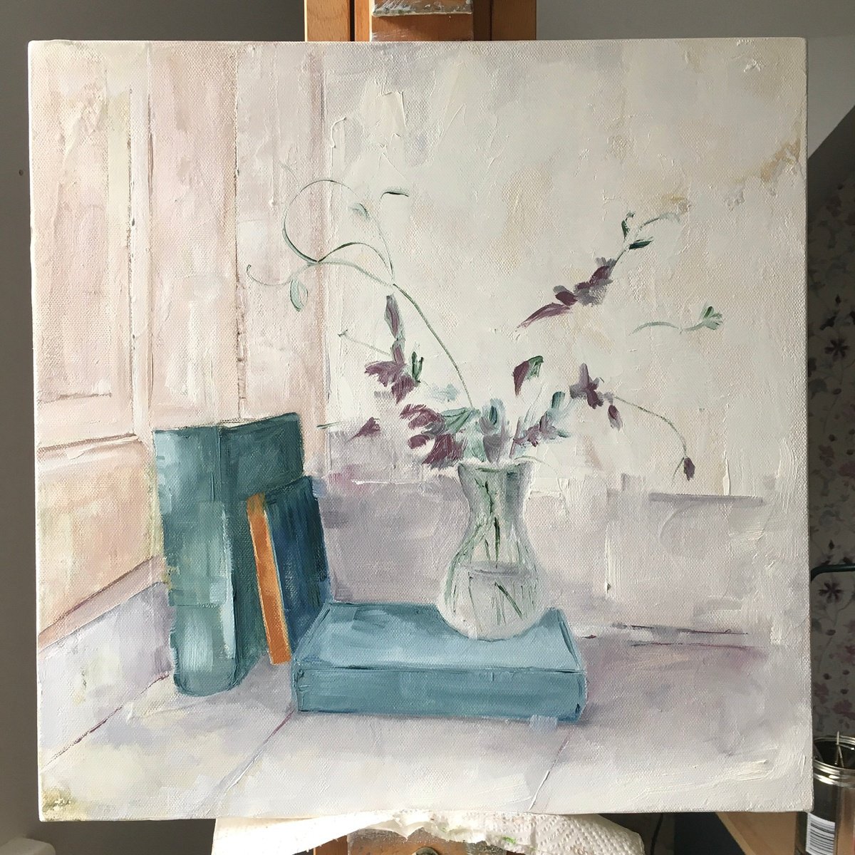 Impressionistic Still Life Oil Painting By Rebecca Pells, 16 X 16", Wild Sweet Peas In France, Original Artwork