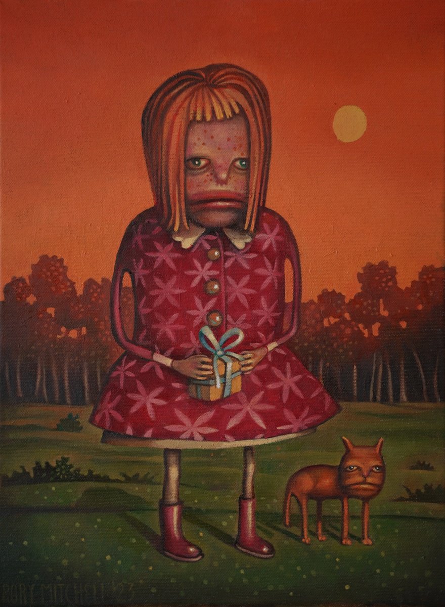 Naive Portrait Oil Painting By Rory Mitchell, 12 X 16", Girl And Cat With Red Hair At A Birthday Party, Original Artwork