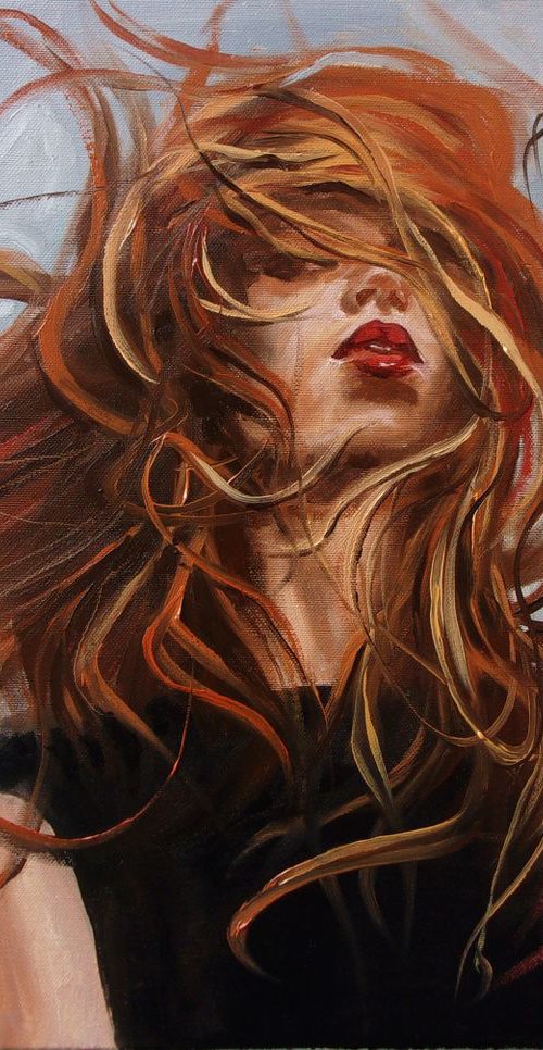 " AUTUMN GIRL. "- EYE  RED HAIR ORIGINAL OIL PAINTING, GIFT, by Monika Luniak