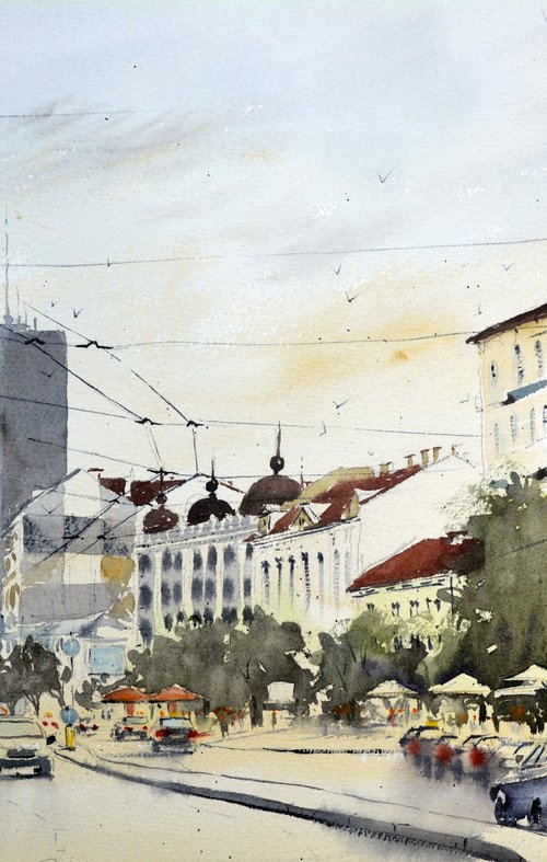 Traffic on Terazije square, Belgrade 36x54cm by Nenad Kojić watercolorist