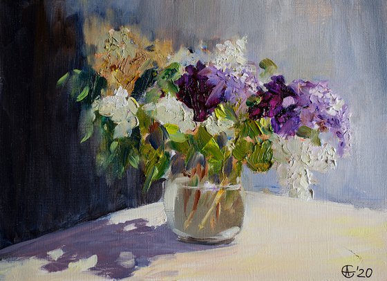 Lilac. Original oil painting. Small impression purple interior detail spring summer