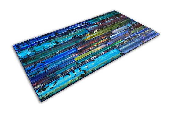 "Cooling It Down" - Original PMS Large Assemblage Sculptural Painting On Wood and Marbled Glass Backsplash Tile - 48 x 24 inches