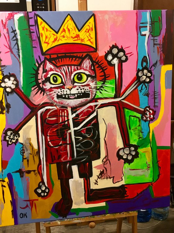 KING TROY the cat, ( 102 x 91 cm, 40 x 36 inches),  multi-armed, multitasking, inspired by Basquiat and Indian culture, solving the problems of the modern rapidly changing world in parallel and seamlessly