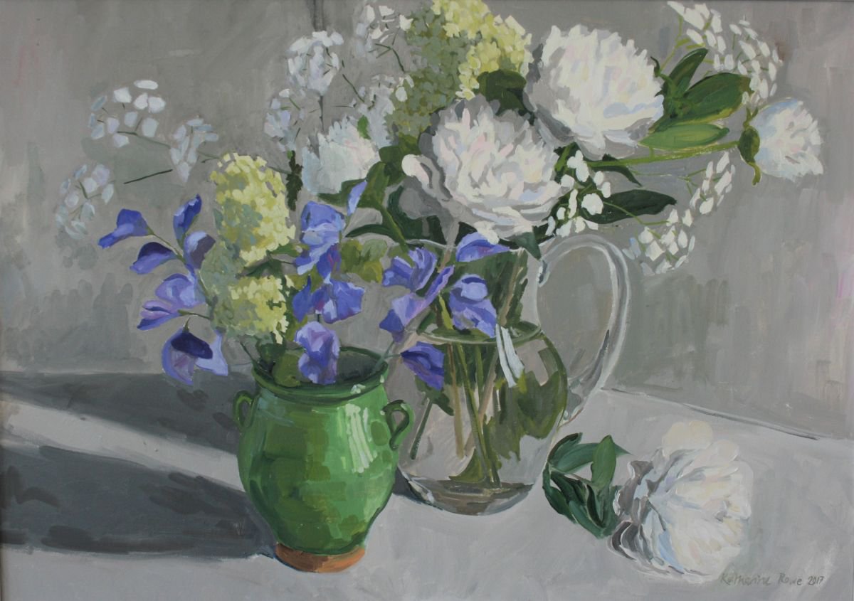 White peonies and blue sweet peas in three vases by Katharine Rowe