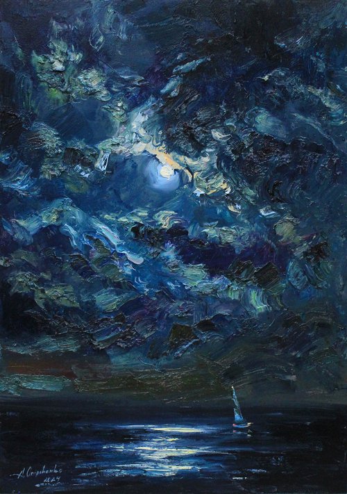 Night in the sea with moon and clouds by Alisa Onipchenko-Cherniakovska