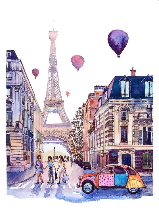 Eiffel Tower in Paris and Retro Citroen 2CV