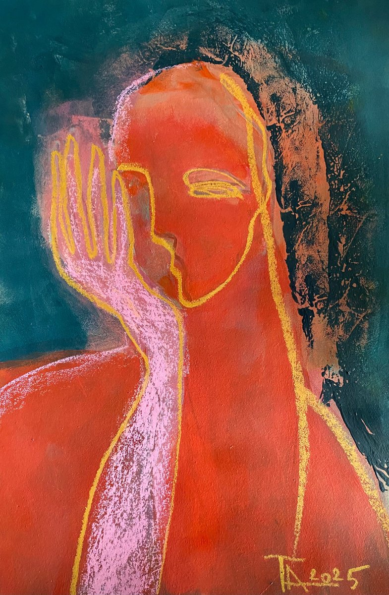 Expressive Portrait Pastel Drawing By Tatjana Auschew, 13 X 20", Evening., Original Artwork