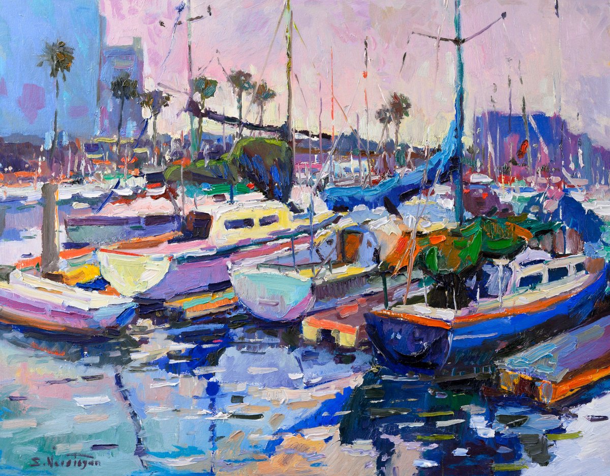 Expressive Landscape Oil Painting By Suren Nersisyan, 28 X 22", Boats In California, Original Artwork