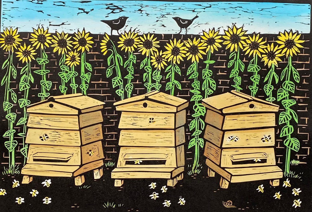 Limited edition handmade linocut.Beehives and Sunflowers 16/50 by Jane Dignum