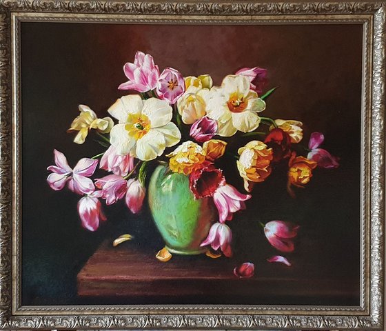 Tulips in a green vase