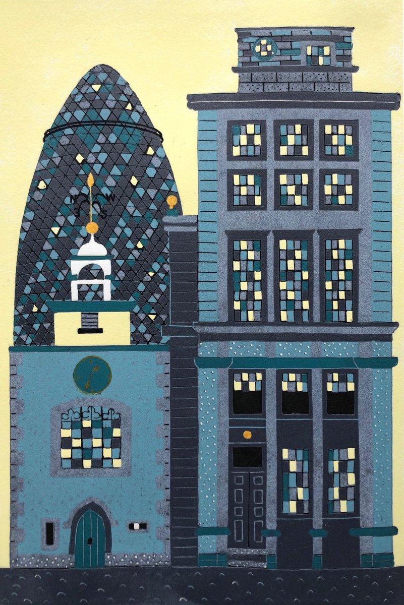 Illustrative Cityscapes Linocut By Nathalie Pymm Art, 8 X 12", Old &Amp; New, Original Artwork