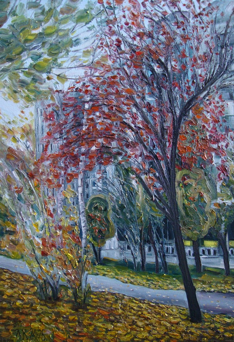 Impressionistic Landscape Oil Painting By Olga Knezevic, 14 X 20", Red Autumn, Original Artwork
