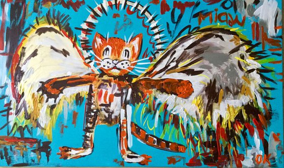 101x61cm Cat La Fallen Angel version of famous painting by Jean-Michel Basquiat