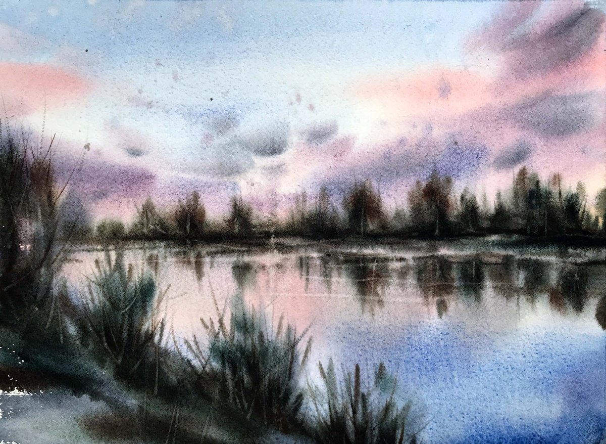 Impressionistic Landscape Watercolour By Galina Poloz, 15 X 11, The Other Shore., Original Artwork
