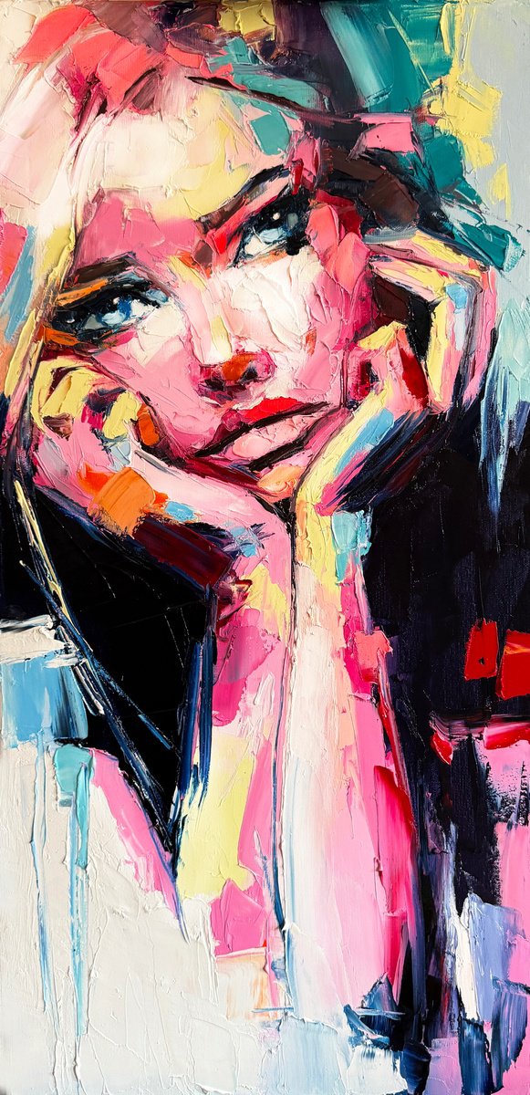 Expressive Portrait Oil Painting By Lana Frey, 16 X 31", Silence Within Her Gaze, Original Artwork