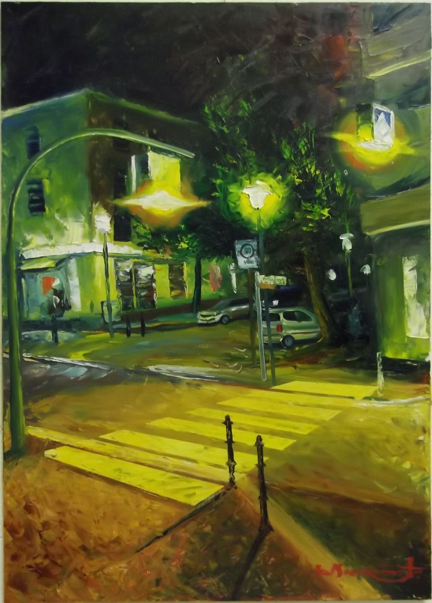 ’YELLOW ZEBRA IN BERLIN’ - Cityscape Oil Painting on Panel, Ready to Hang by Ion Sheremet