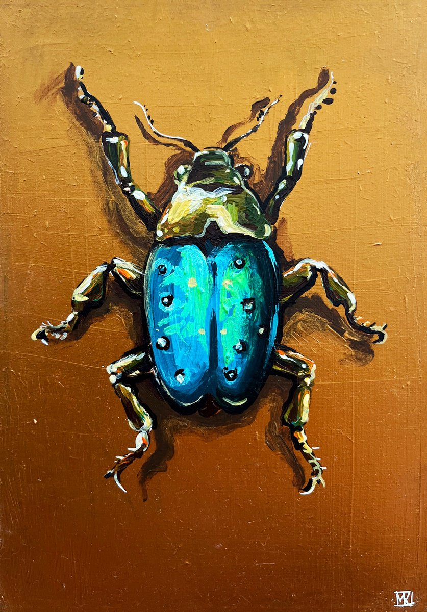 Illustrative Animal Acrylic Painting By Maria Kireev, 6 X 9", Golden Guardian, Original Artwork