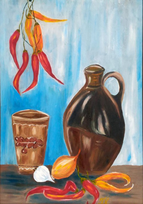 Jug Painting Still Life Original Art Pepper Oil Onion Artwork Garlic Wall Art by Halyna Kirichenko by Halyna Kirichenko
