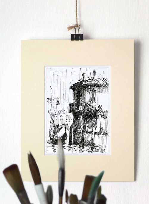 Gondola Ride Venice. Original Ink Drawing by Marin Victor