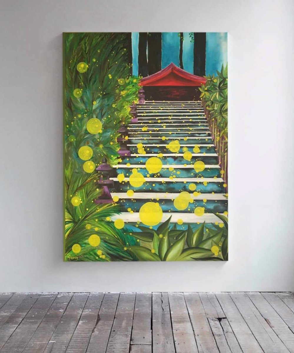 Geometric Landscape Oil Painting By Marian Gorin, 26 X 35", Fairy Tale Of A Firefly, Original Artwork