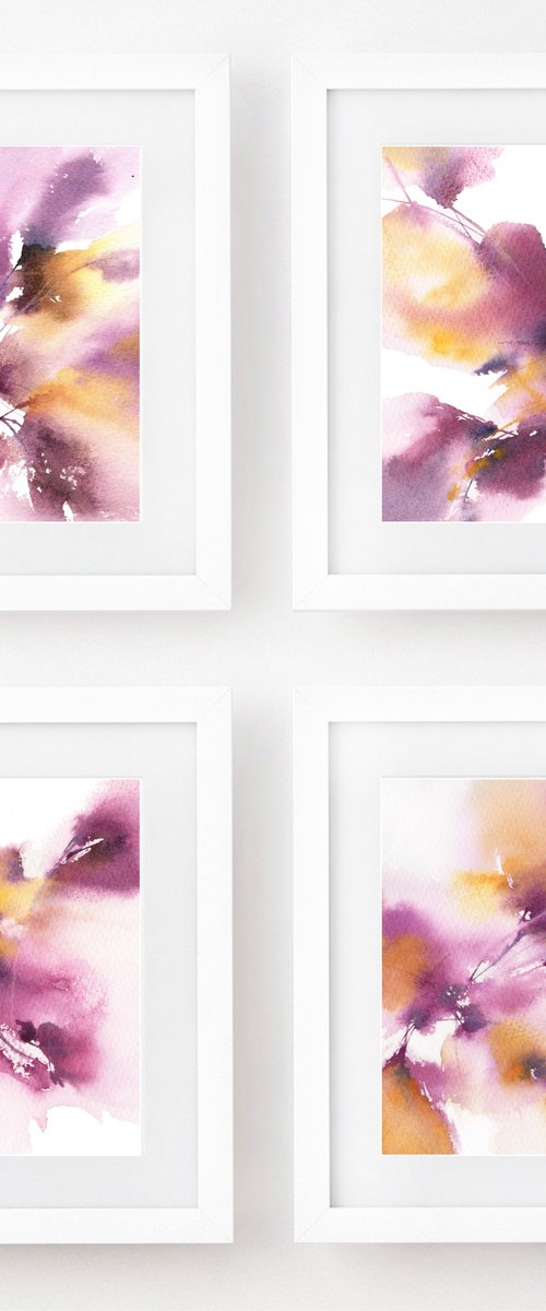 Abstract flowers, set of 4 small paintings "Purple flowers" by Olga Grigo