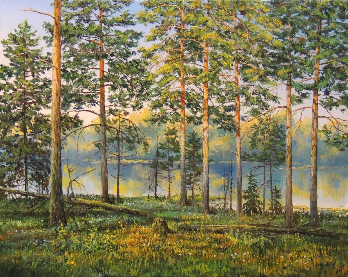 Photorealistic Landscape Oil Painting By Olga Riabchuk, 20 X 16", Guardians Of The Lake, Original Artwork