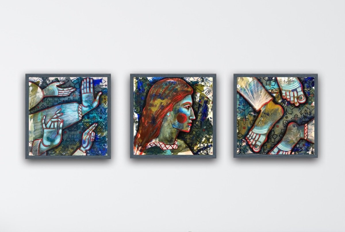 Naive Portrait Acrylic Painting By Yuliia Chaika, 16 X 16", Personal Boundaries, Original Artwork