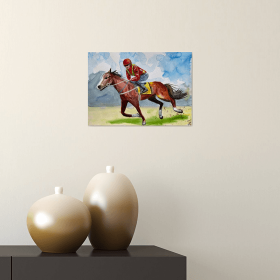 Horse Watercolor Painting, Horse Racing Original Artwork, Equestrian Sport Picture, Farmhouse Decor