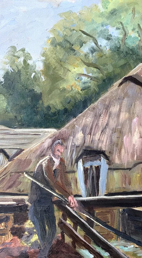 An ancient water powered sawmill. An original oil painting by Julian Lovegrove Art