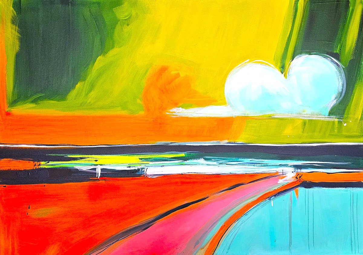 Abstract Landscape Acrylic Painting By V+V Kniazievi, 28 X 19", Turquoise Warm Seascape #7, Original Artwork