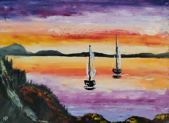 Return home, original sea sky boat oil painting, gift, art for home