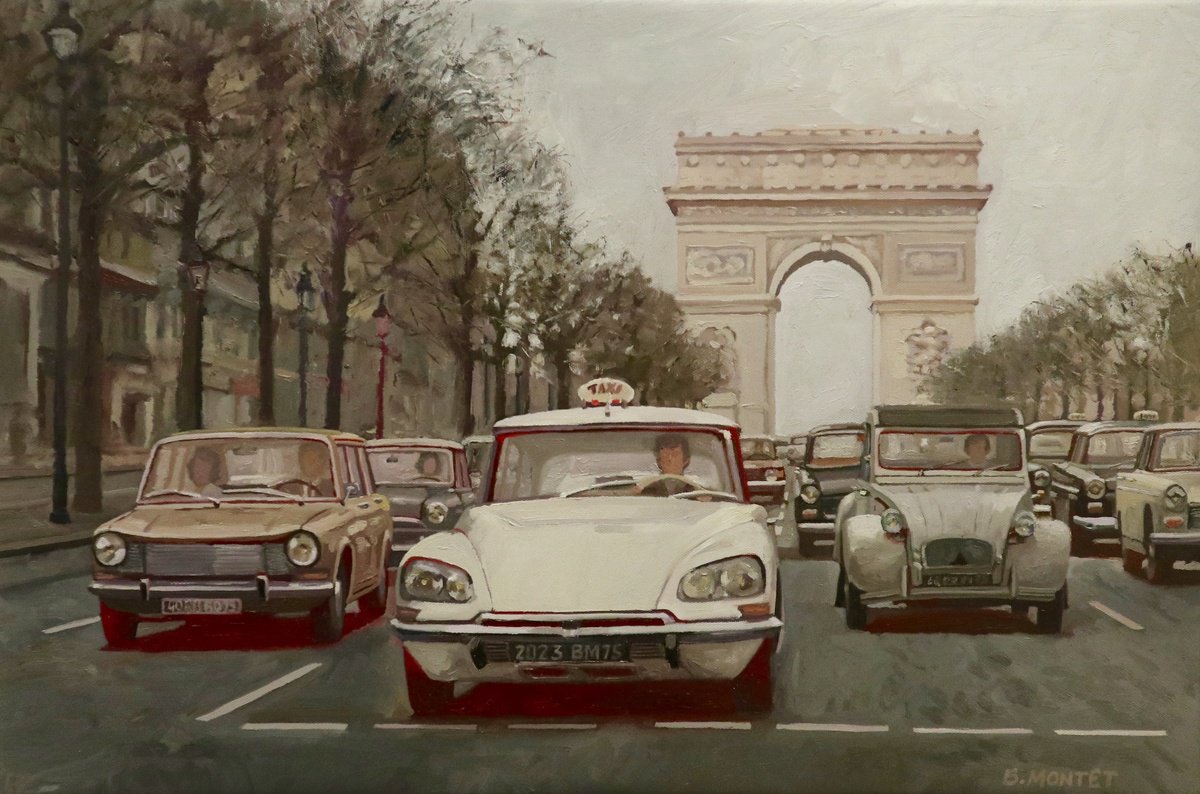 Photorealistic Cityscapes Oil Painting By Benoit Montet, 26 X 18, Ds Blanche Taxi , Original Artwork
