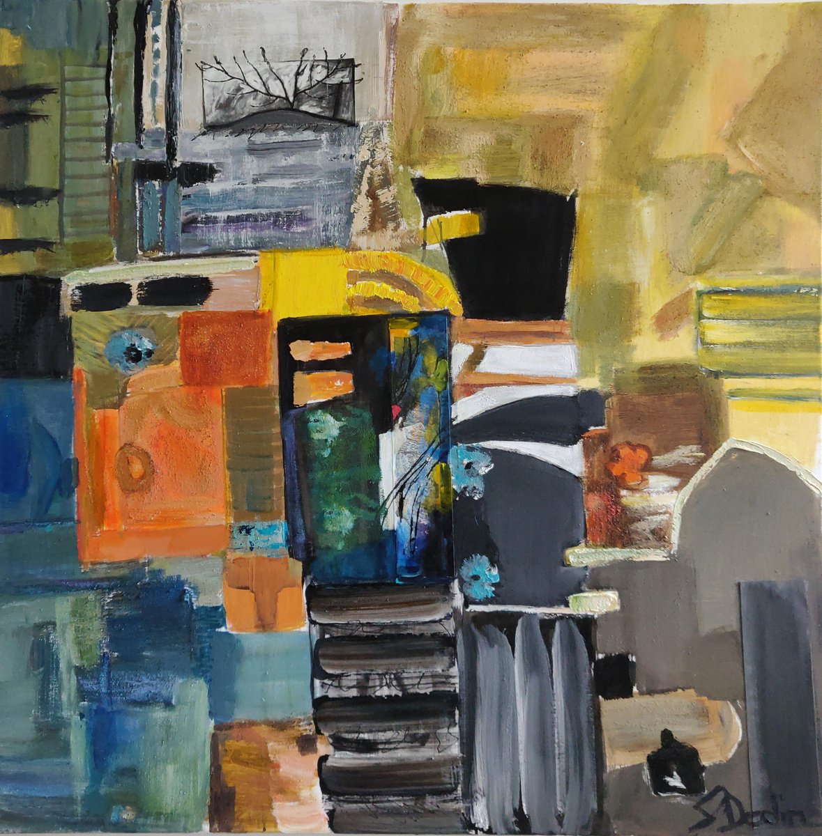 Abstract Acrylic Painting By Sylvie Dodin, 39 X 39", Colours, Original Artwork