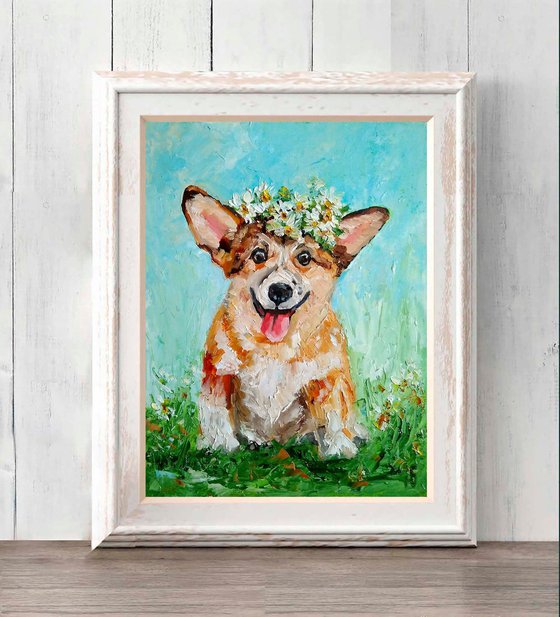 Summer Smile, Smiling Corgi Painting Original Art Dog Artwork Pet Portrait Floral Daisies Wreath Wall Art