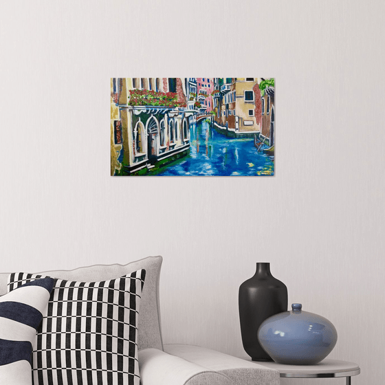 Venice . Canal . Water reflections. View of bridge. On sale.