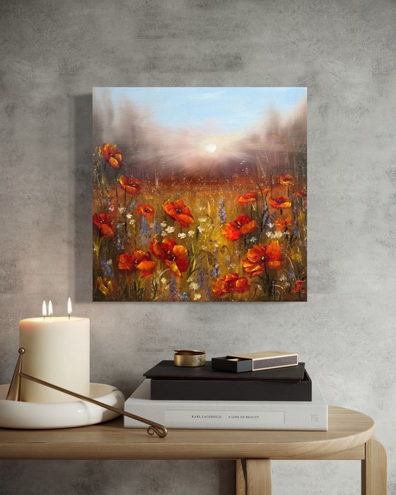 Sunset with red poppies