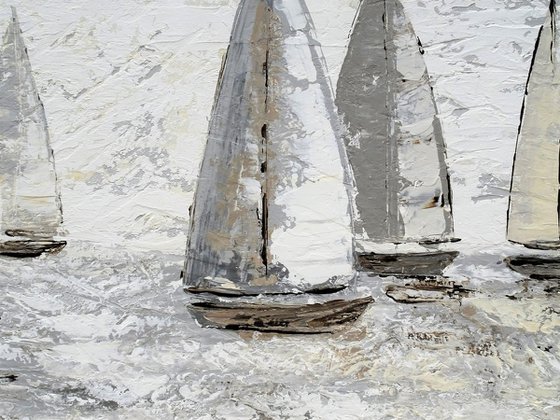 SIMPLY SAILING. Sailboats Regatta Beige Seascape Coastal Painting