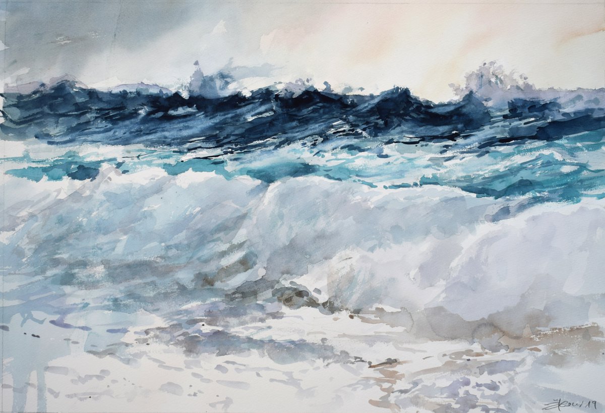 Breaking the waves ( 68X48 ) by Goran Zigolic Watercolors