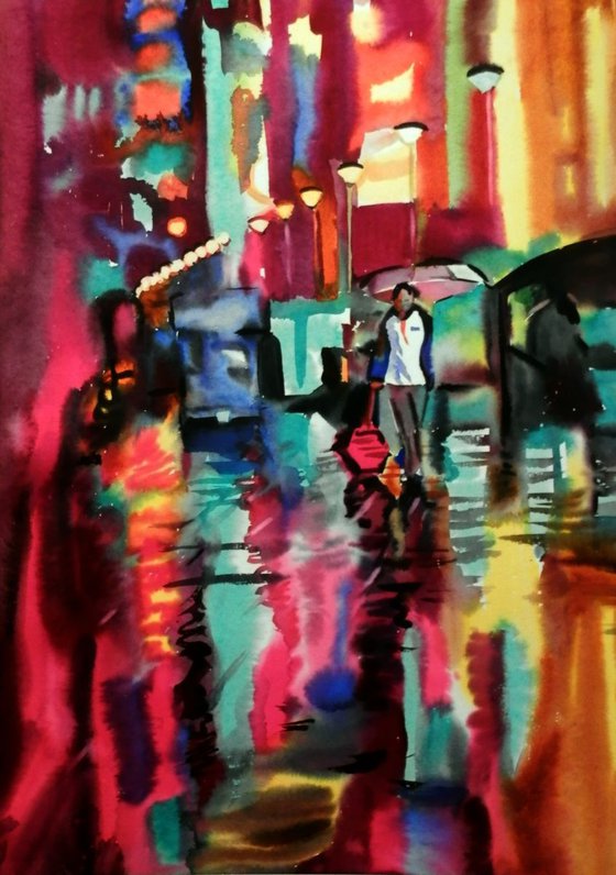 One night in the city, watercolor painting 68x98 cm