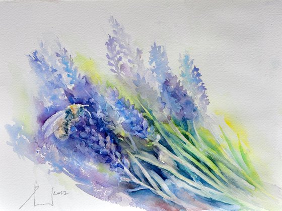 BUMBLEBEE AND LAVENDER original watercolor 30X24