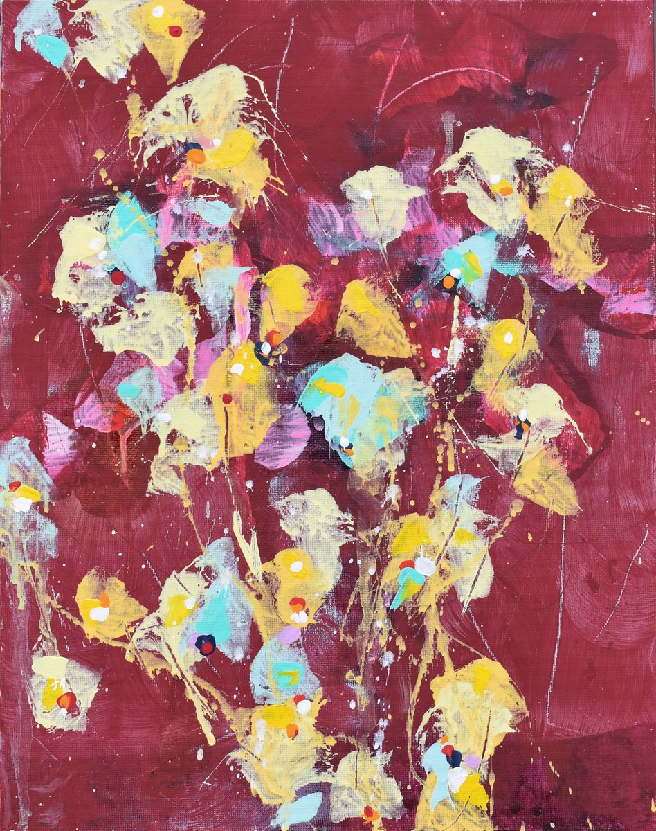 Abstract Botanical Acrylic Painting By Cynthia Ligeros, 11 X 14, Forsythia In Bloom, Original Artwork