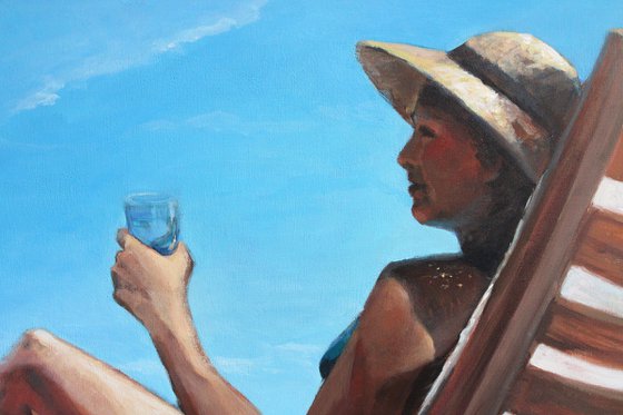 "Lady with a hat on blue ..."   ORIGINAL PAINTING. SEA SUMMER GIFT SEA SWIMMING