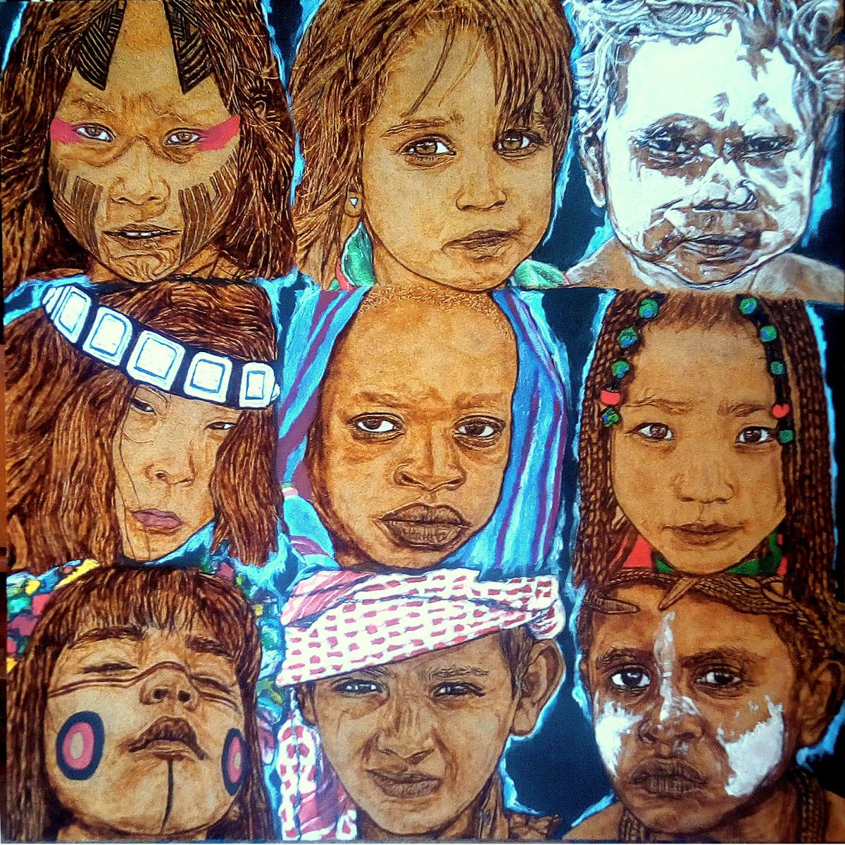 Expressive Portrait Painting By Milis Pyrography, 24 X 24", The World Is Ours, Original Artwork