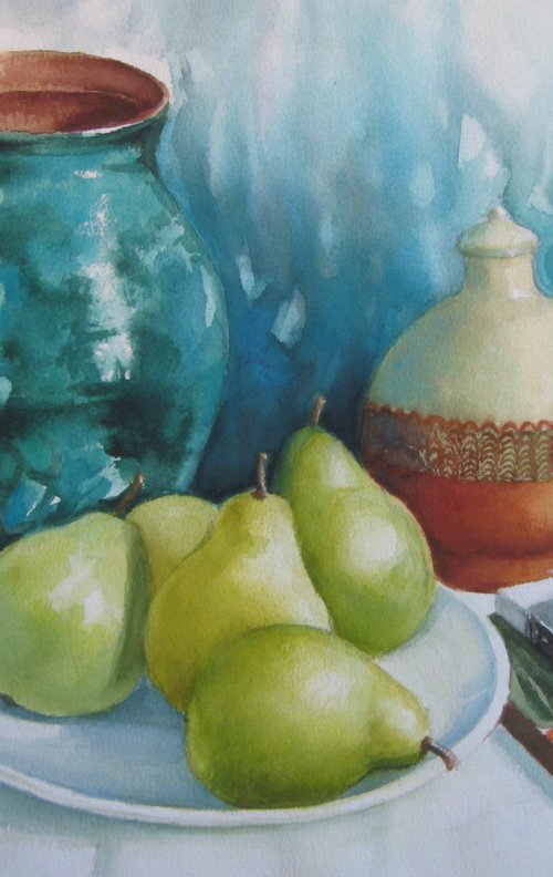 Still life - Pears, books, vases by Elena Oleniuc