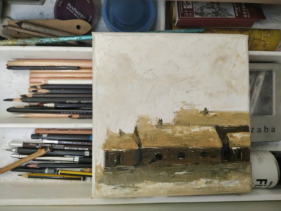 Old farm. Small oil painting on can as