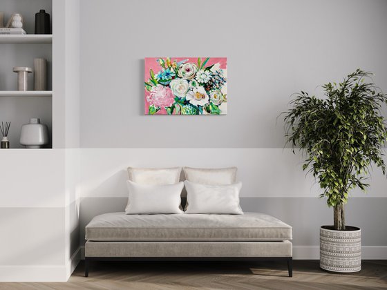 LOVE IS IN THE AIR - 70 X 50 CM - FLORAL PAINTING ON CANVAS * PINK * GREEN