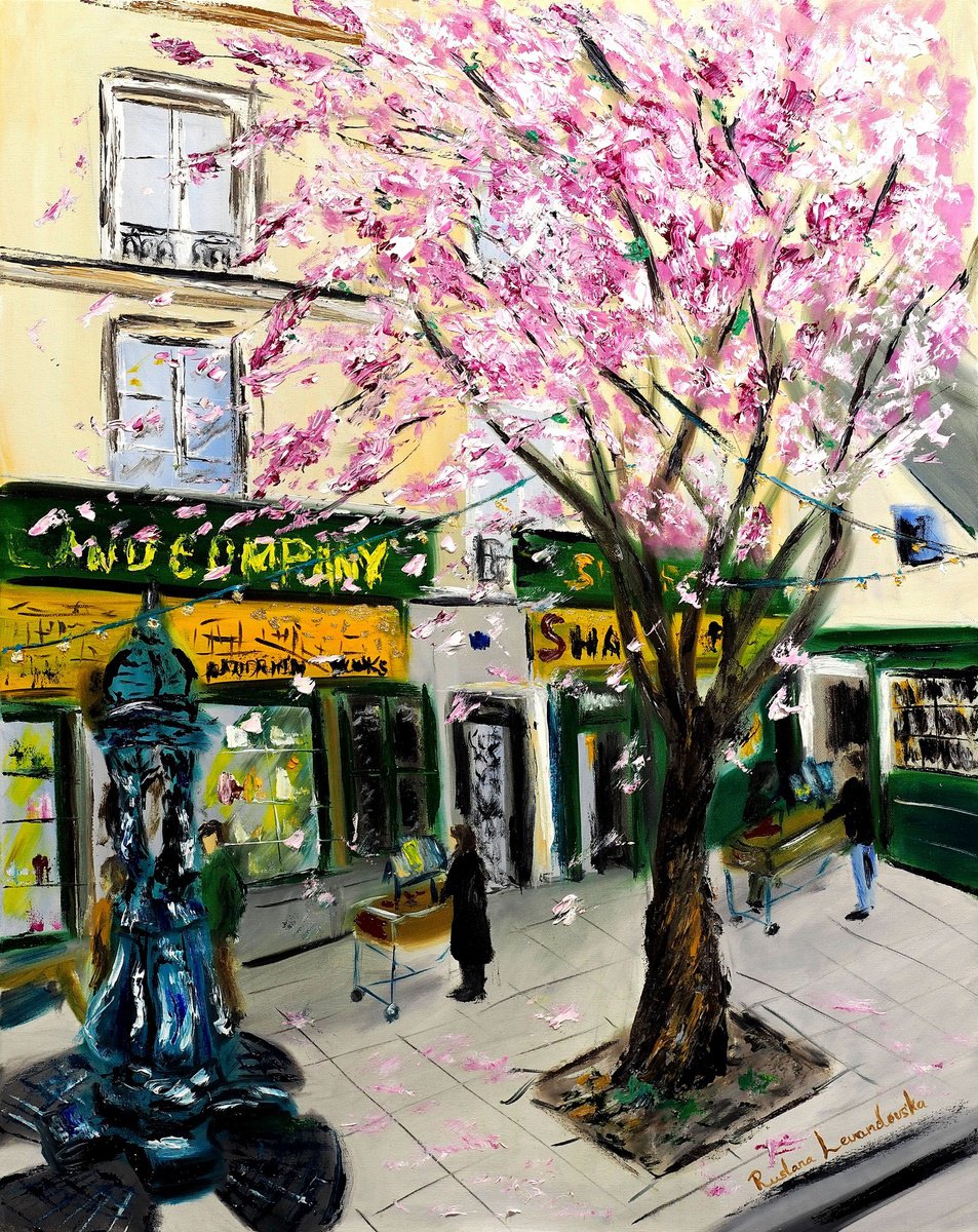 Cherry Blossoms at Shakespeare and Company, Paris - with gold embellishment by Ruslana Levandovska